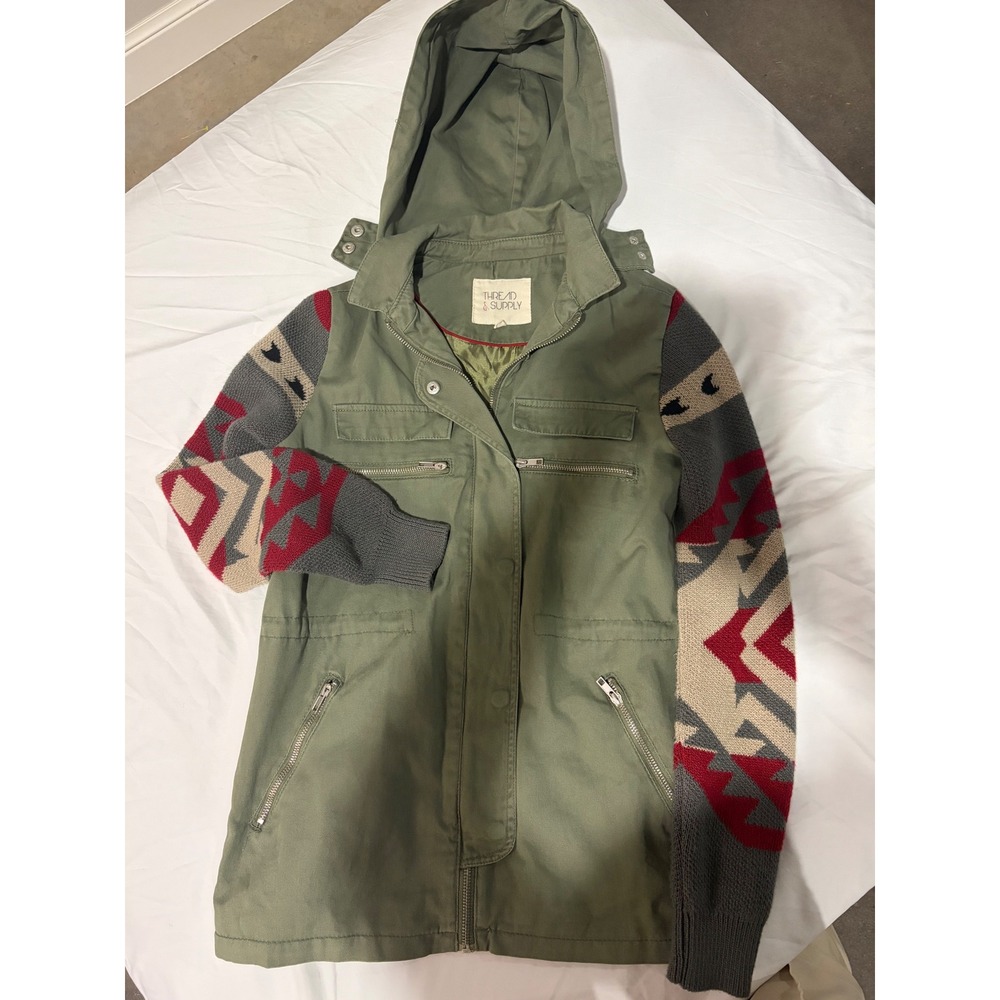 Thread & Supply Womens XS Utility Jacket Southwest Knit Sleeve Hooded Olive
